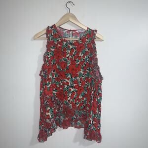 ZARA Red Flowers Green Leaves Blouse Shirt Long Sleeve Cold Shoulder Ruffles S